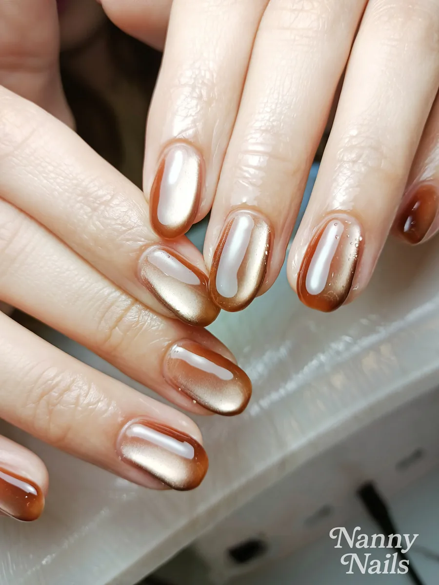 Brick orange cat eye gel nails that catch the light, Nanny Nails, nail salon in Nakhon Phanom