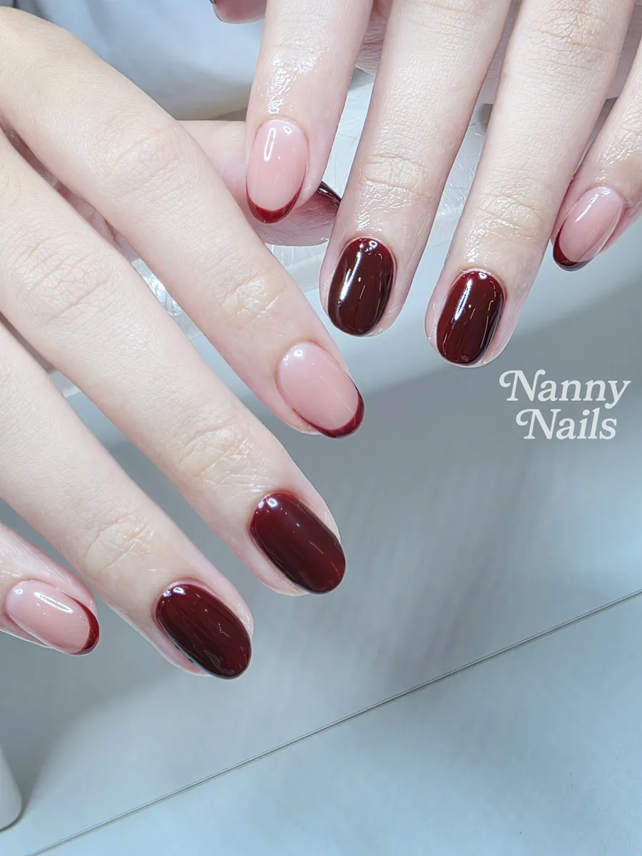 Deep wine red gel nails that brighten fair skin, Nanny Nails, nail salon in Nakhon Phanom