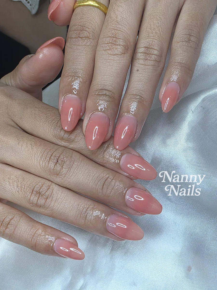 Sheer peachy pink nude almond gel nails, Nanny Nails, nail salon in Nakhon Phanom