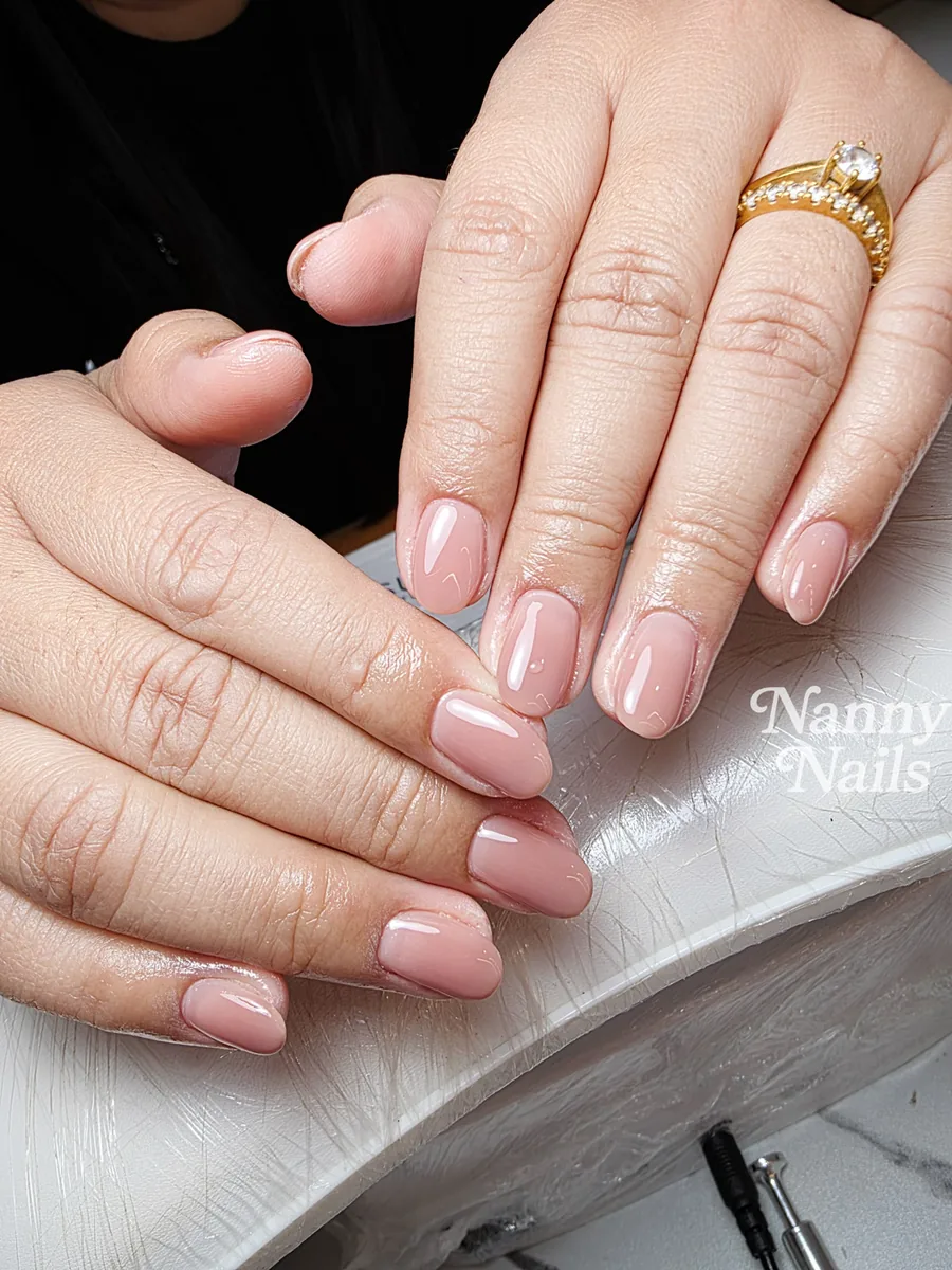 Peachy pink nude gel on short nails, a flattering nude, Nanny Nails, nail salon in Nakhon Phanom