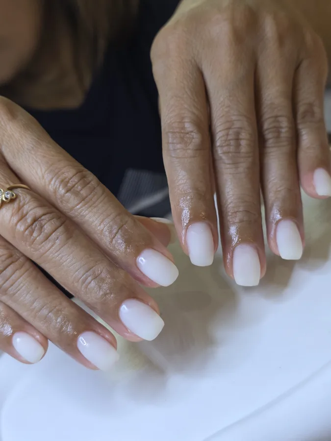 Milky white nails to match a white Thai dress for an ordination, Nanny Nails, nail salon in Nakhon Phanom