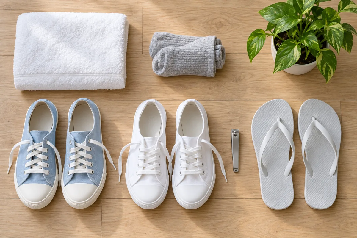 Towel, cotton socks, two pairs of canvas sneakers to alternate, a toenail clipper and flip-flops for keeping feet dry, Nanny Nails Nakhon Phanom