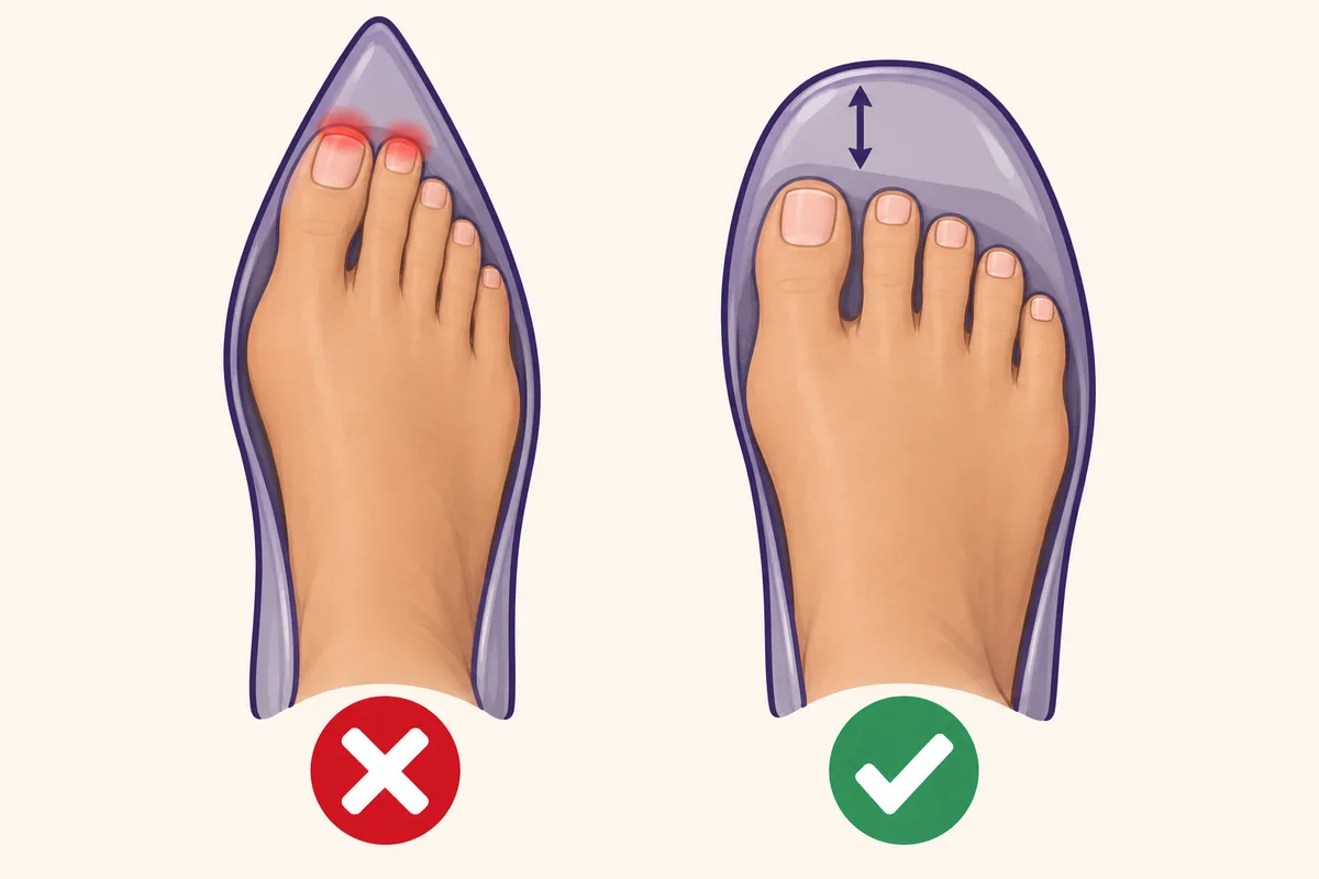 Diagram comparing a pointed shoe that squeezes the toes and presses on the toenails with a roomy toe box that leaves space at the tip, Nanny Nails Nakhon Phanom