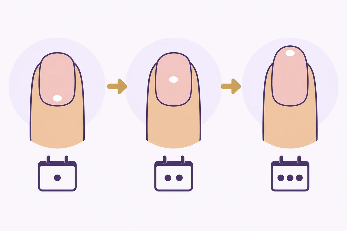 Diagram of a white spot on a fingernail moving from the base to the tip as the nail grows, Nanny Nails Nakhon Phanom