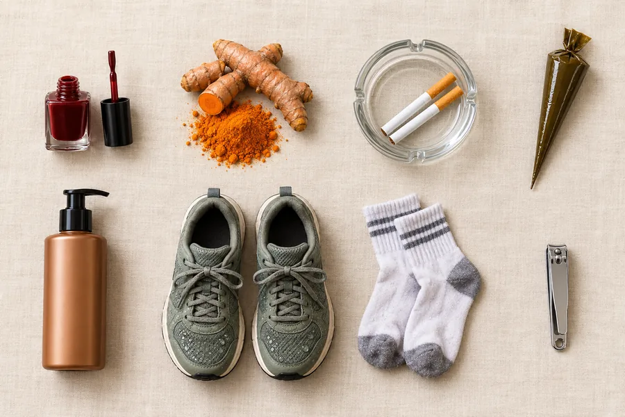 Everyday things that turn nails yellow: dark nail polish, turmeric, cigarettes, henna, self-tanner, damp shoes and nail clippers, Nanny Nails, nail salon in Nakhon Phanom